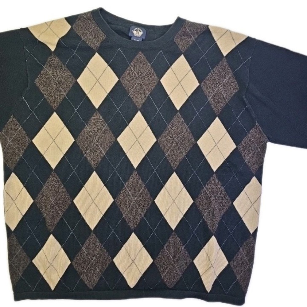 Dockers Mens XL Argyle Crewneck Sweater Black Tan Brown 100% Cotton Pullover - Picture 7 of 9